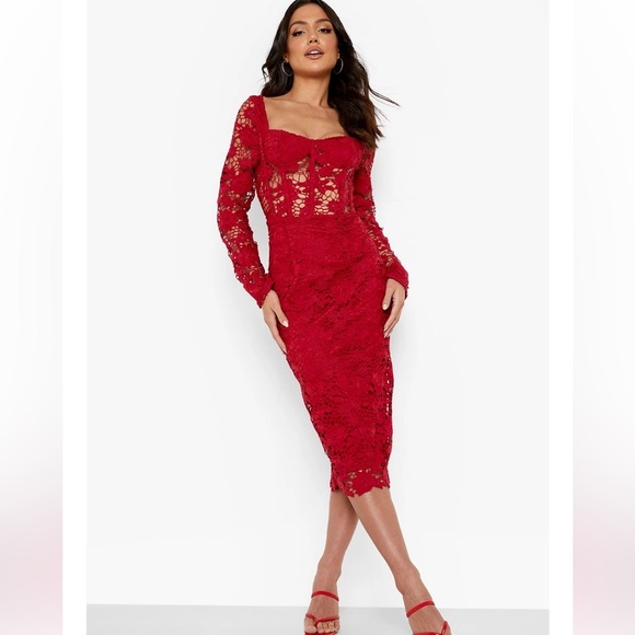BOOHOO ⭐️ black lace long sleeve cup detail midi dress - Picture 1 of 6